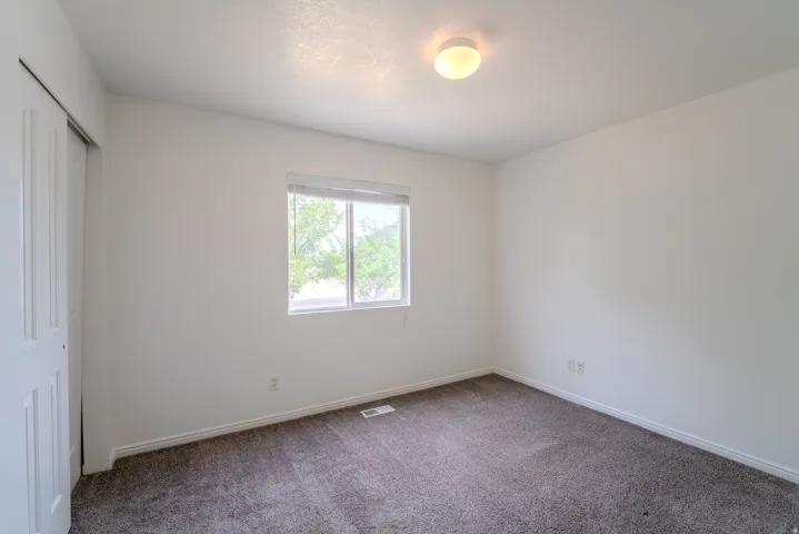 Bright interior space featuring a window with exterior tree views, neutral wall color, and dark carpet