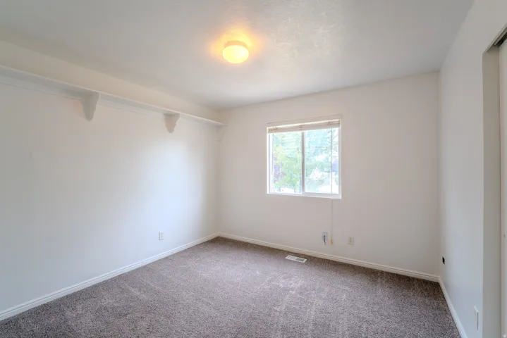 Neutral-toned room featuring a single window with blinds, overhead lighting, carpet flooring, and white baseboards