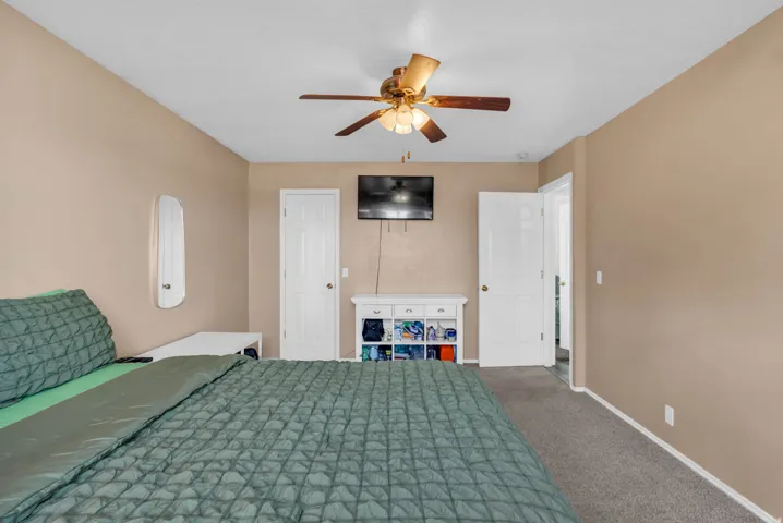 Bedroom featuring a ceiling fan, neutral wall tones, and plush carpeting