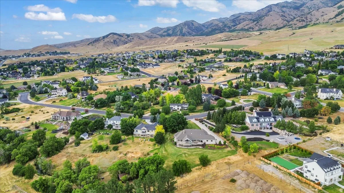 Expansive residential area featuring numerous properties, mature green trees, and paved roadways
