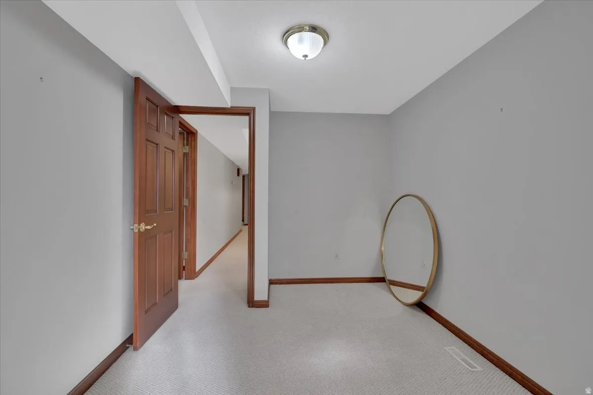 Carpeted interior space with light gray walls, white ceiling, and dark wood trim
