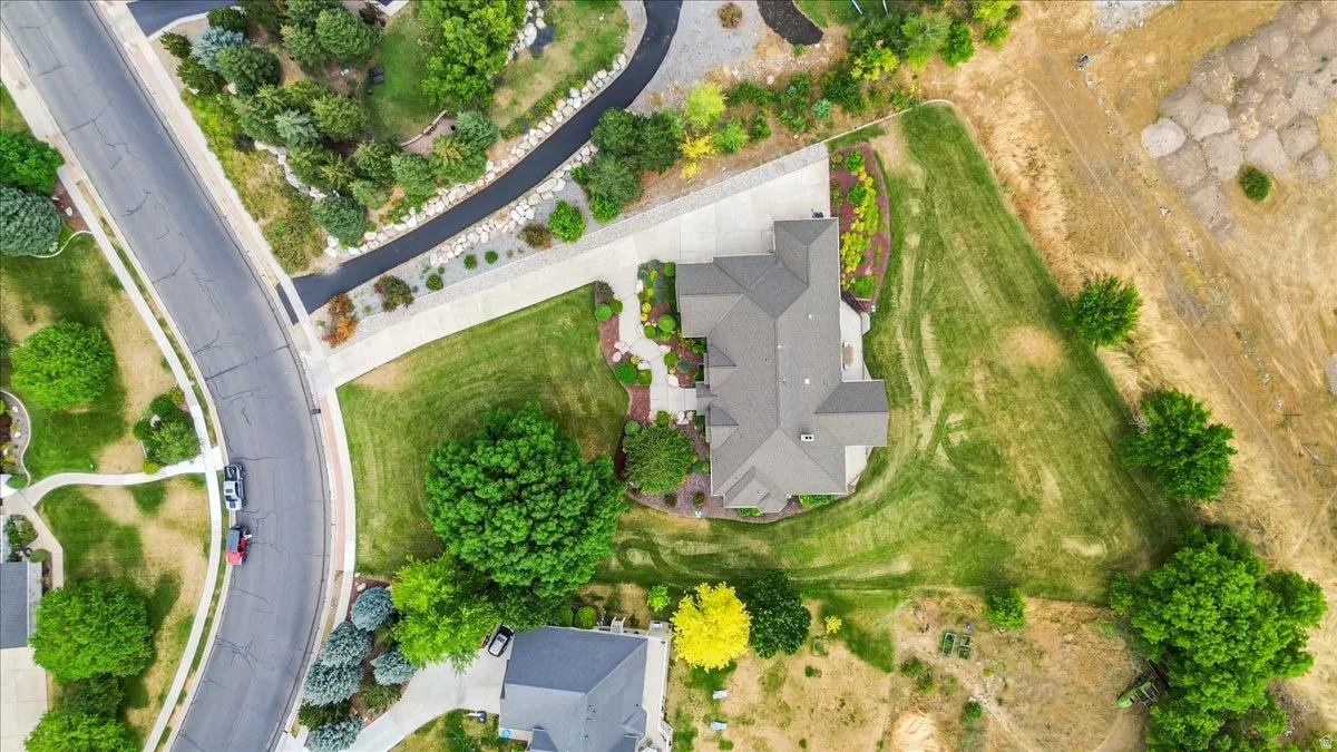Expansive property featuring a multi-gabled roofline, concrete driveway, and a combination of manicured lawns and natural landscaping