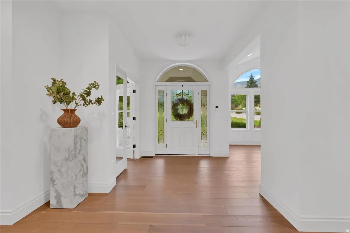 Bright entry hall featuring wood-finish flooring, white walls, and a grand arched entry door with decorative glass
