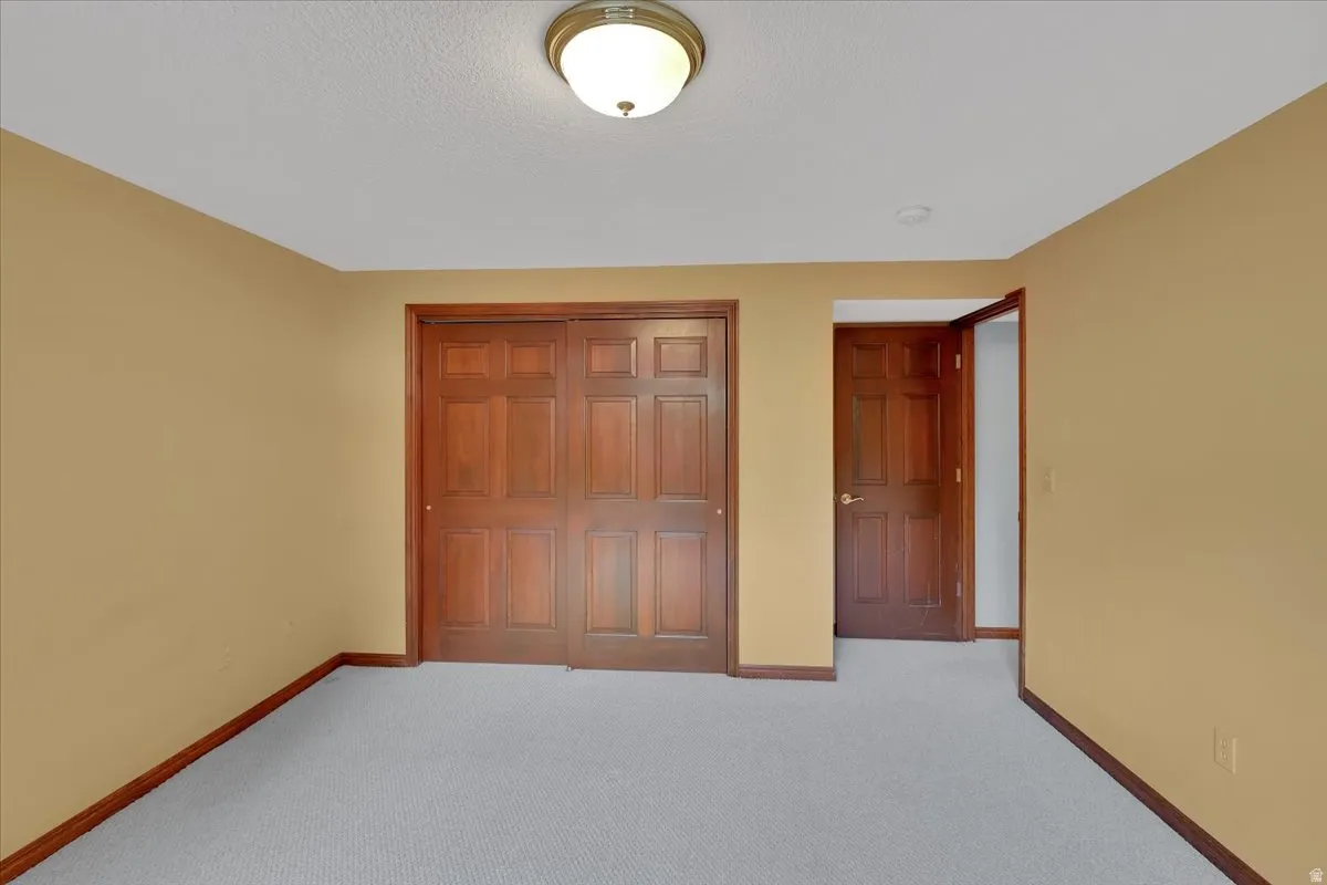 Carpeted room featuring a ceiling-mounted light fixture, warm-toned walls, and wood-finish trim