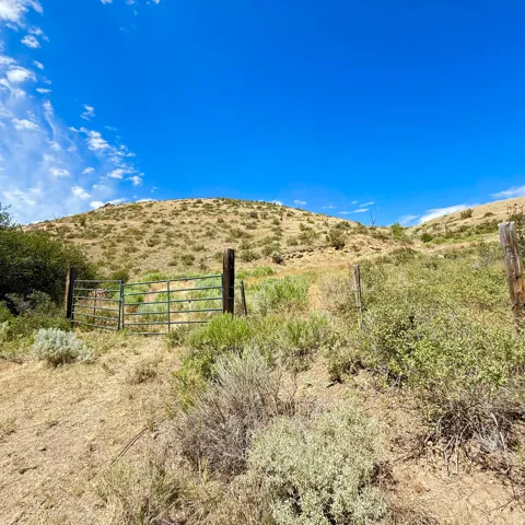 Expansive undeveloped land featuring a green metal gate, wooden fence posts, and natural, varied terrain