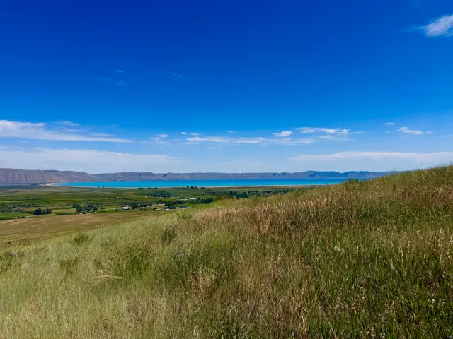 Expansive land parcel featuring natural grasses and an azure water body