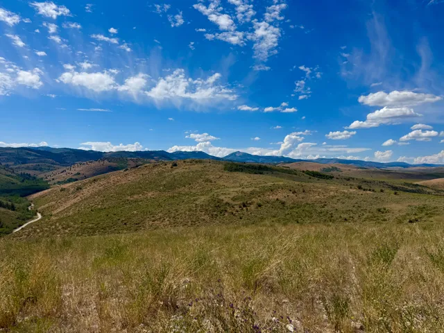Expansive natural landscape featuring rolling hills, varied foliage, and distant mountain ranges