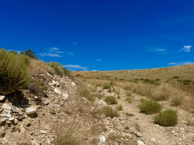 Expansive undeveloped hillside terrain featuring natural rock formations and varied native vegetation under a clear blue sky