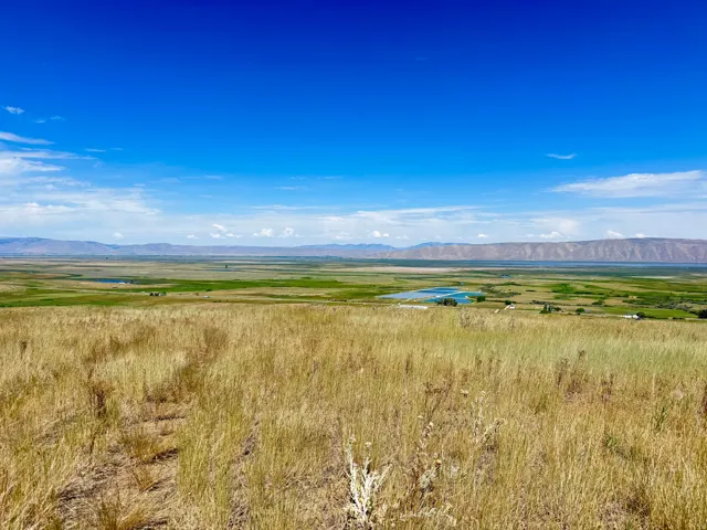 Expansive landscape featuring golden grasses in the foreground, verdant fields, and distant water bodies