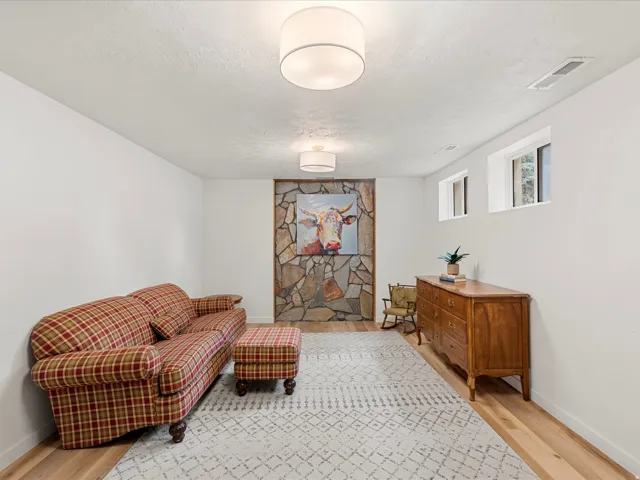 Warm living area featuring wood-finish flooring, a stone accent wall, and two ceiling-mounted drum light fixtures