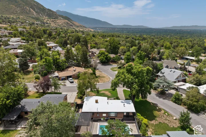 Aerial perspective showcasing a residential property with a private swimming pool and an integrated patio cover