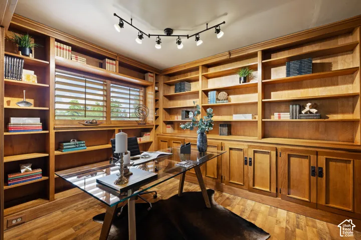 Custom built-in shelving and cabinetry with wood-finish flooring