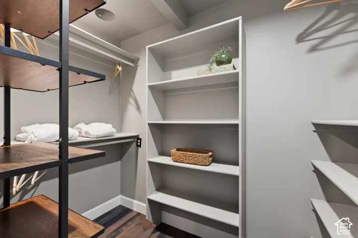Custom closet system featuring dark wood-finish shelving and hanging rods