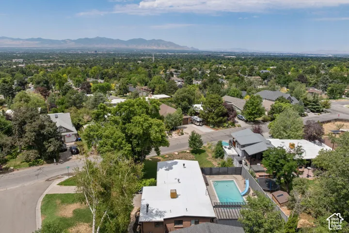 Aerial perspective showcasing the residential area with mature trees and a distant mountain range