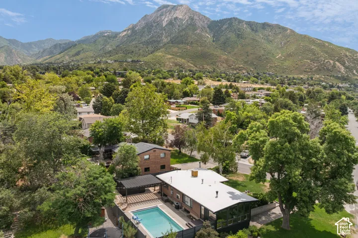 Expansive mountain backdrop framing a residential area with mature trees