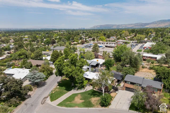Aerial landscape featuring a residential neighborhood with varied architectural styles, mature trees, and mountainous terrain in the distance