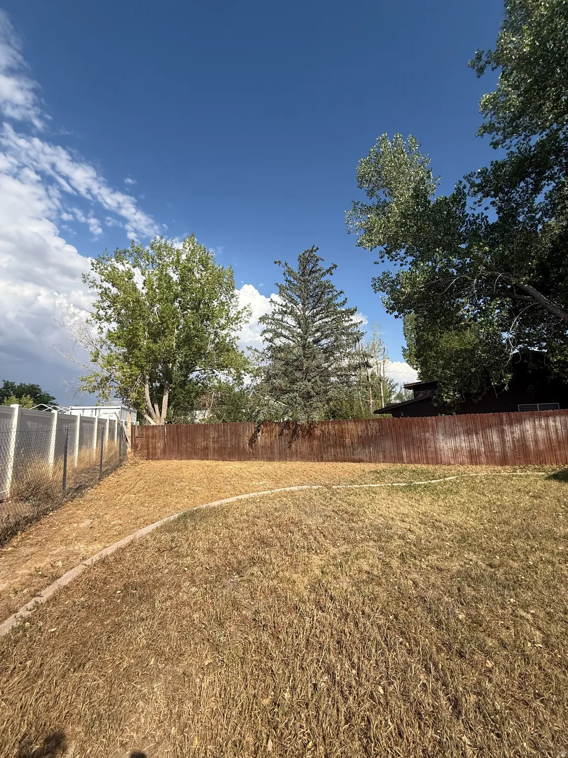 Spacious outdoor area featuring a wood fence, chain-link fence, and mature trees