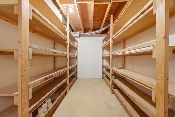 Basement storage area featuring extensive built-in wooden shelving on concrete walls