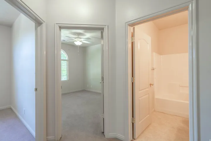 Three separate doorways opening onto carpeted interiors