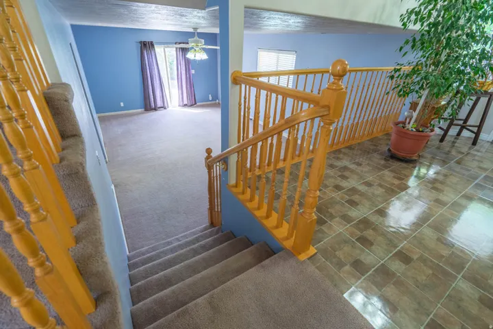 Carpeted stairs with wooden balusters leading to a lower level featuring a ceiling fan and sliding glass door