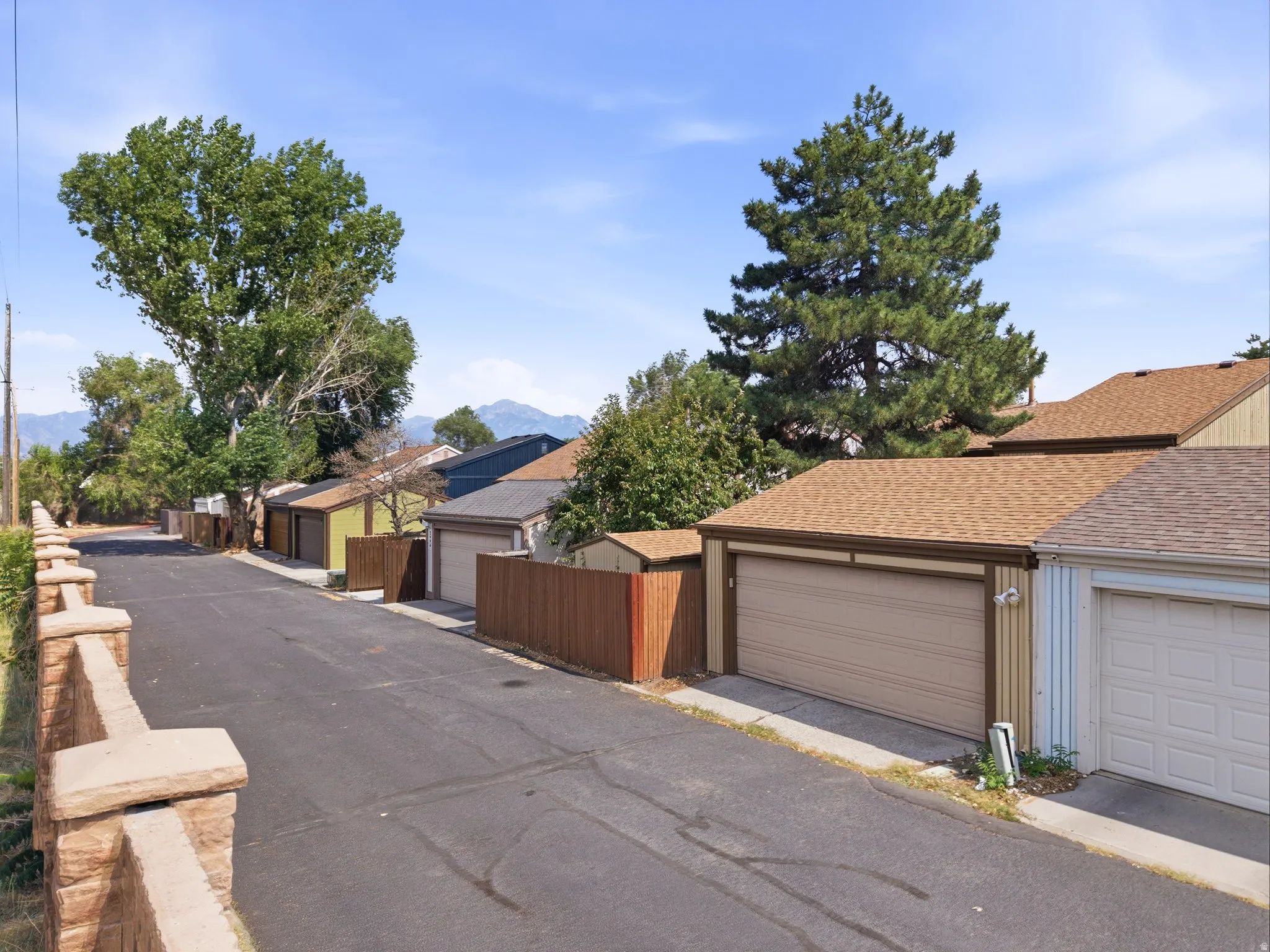 Paved residential street lined with garages and mature trees