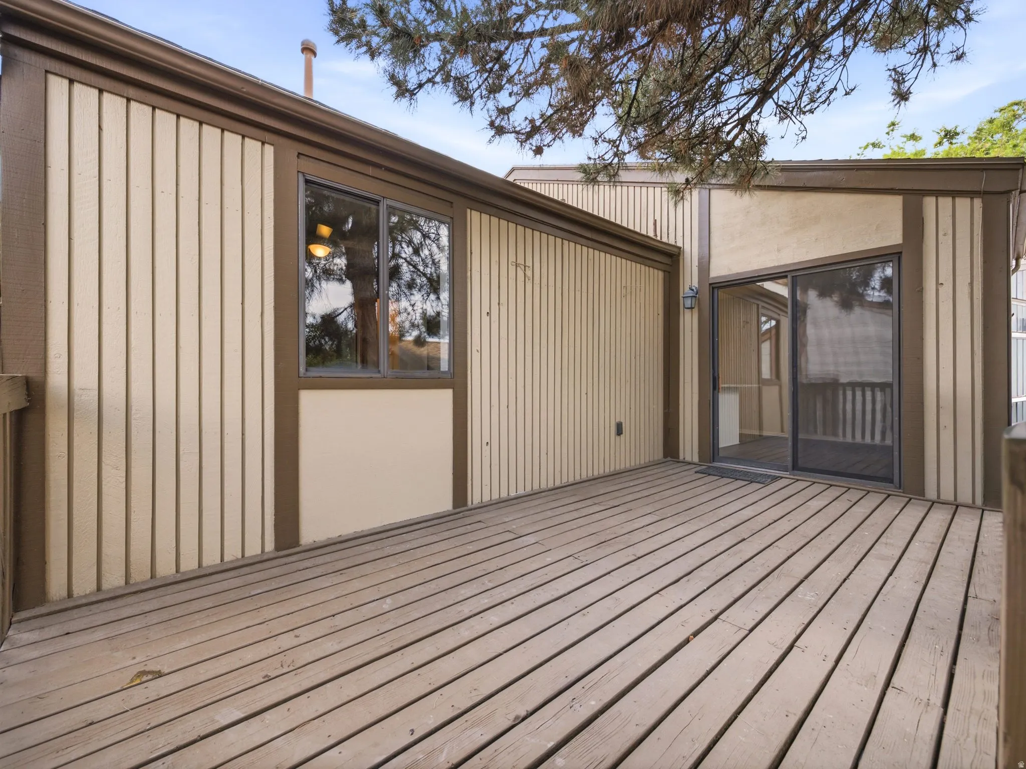 Outdoor deck with wood planking