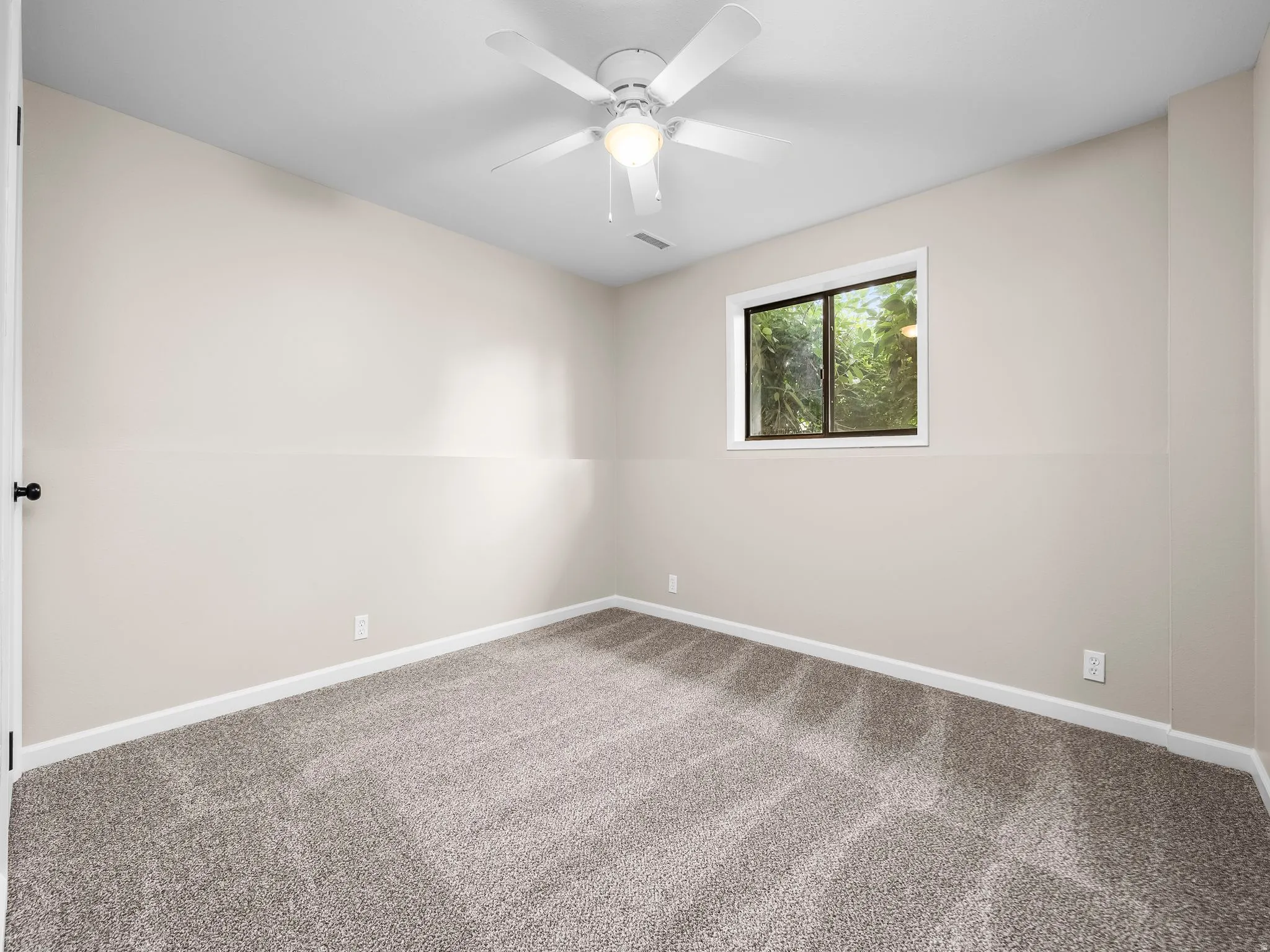 Carpeted room featuring a ceiling fan with integrated lighting, a window with white trim, and light-toned walls