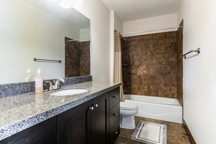 Bathroom featuring a single vanity with stone countertop, undermount sink, and dark wood cabinetry