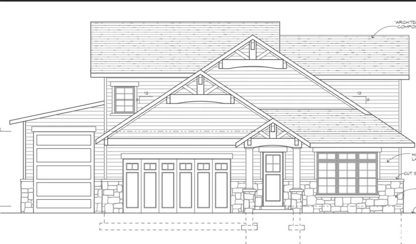 Architectural Drawing, Elevation Plan. Depicting the front facade of the property with structural and material details