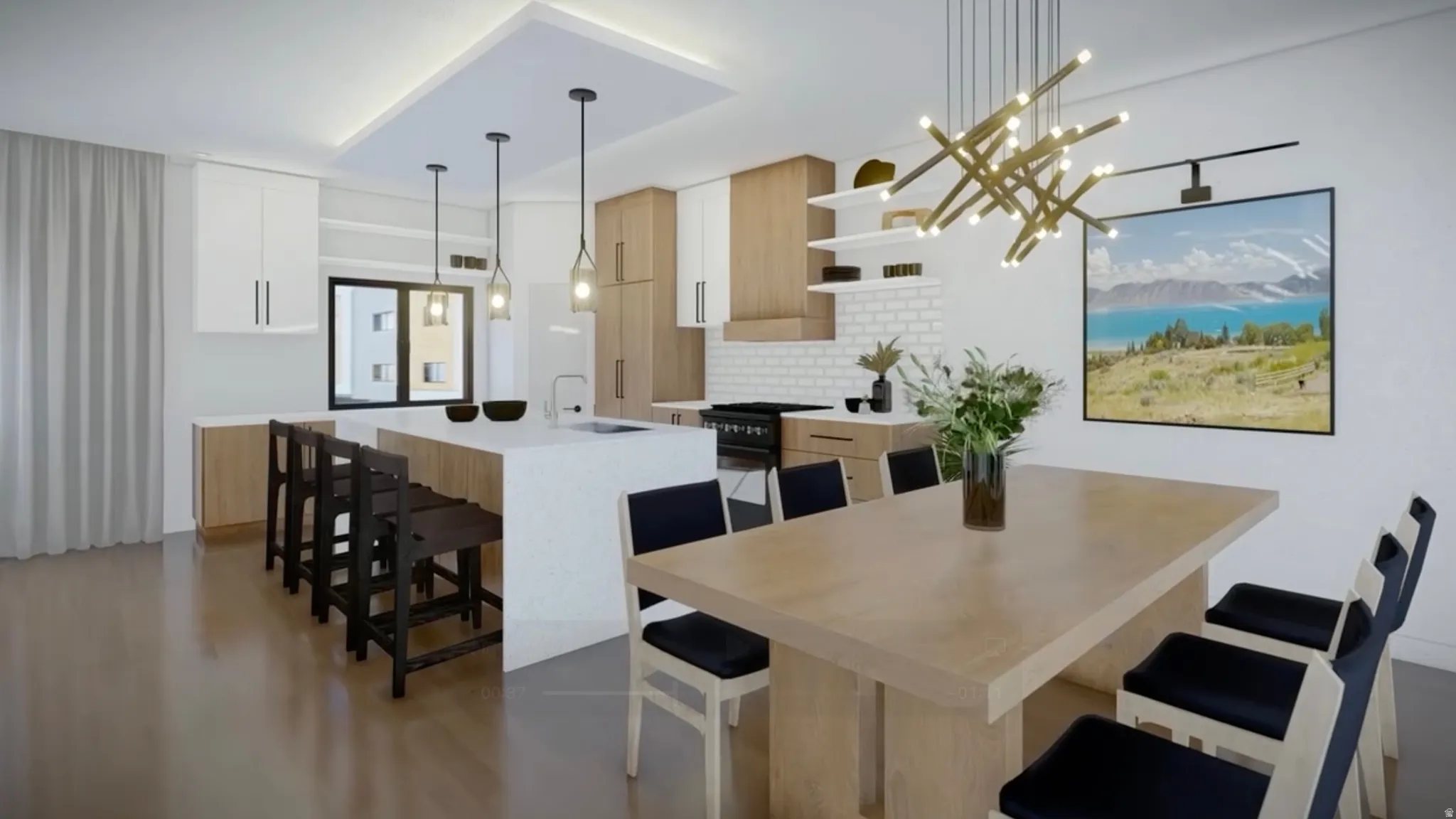 Open-concept kitchen and dining area featuring a spacious island with seating for four, wood-finish flooring, recessed lighting, and a contemporary chandelier