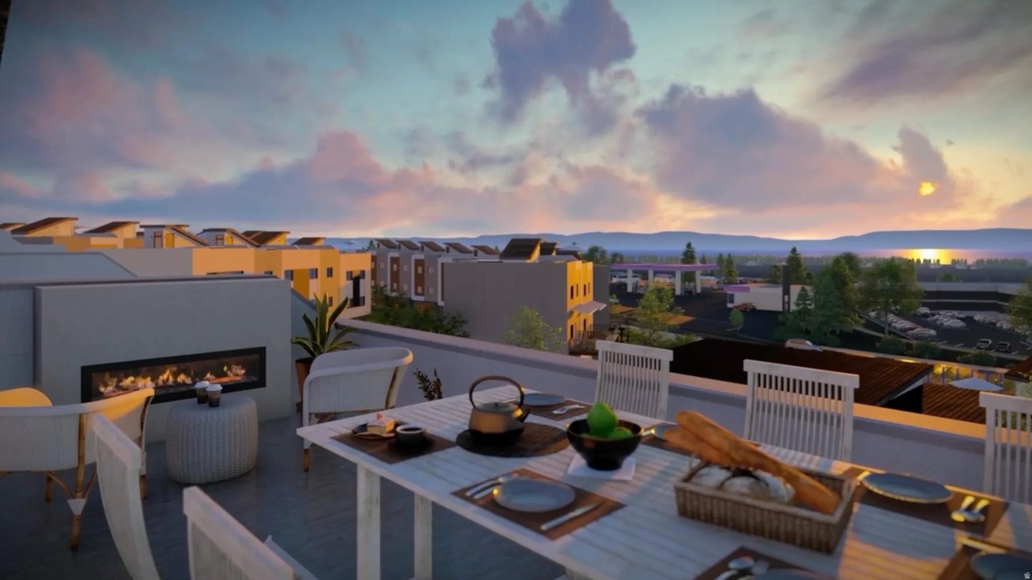 Rooftop terrace featuring a built-in linear fireplace, a concrete half-wall, and a concrete patio surface