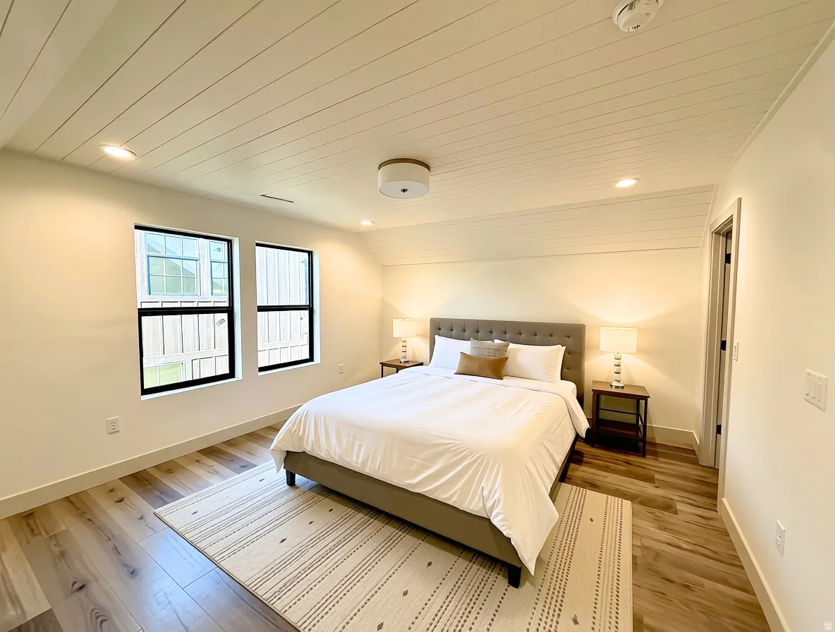 Bedroom featuring wood-finish flooring, two large windows with black trim, a shiplap ceiling with recessed lighting, a modern flush-mount light fixture, and a built-in upholstered headboard