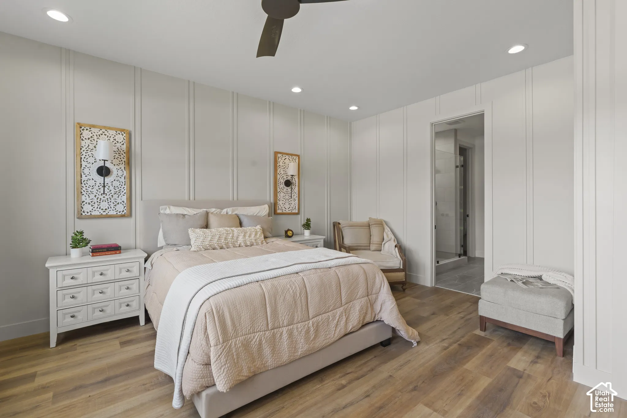 Bedroom featuring wood-finish flooring, recessed lighting, and a ceiling fan
