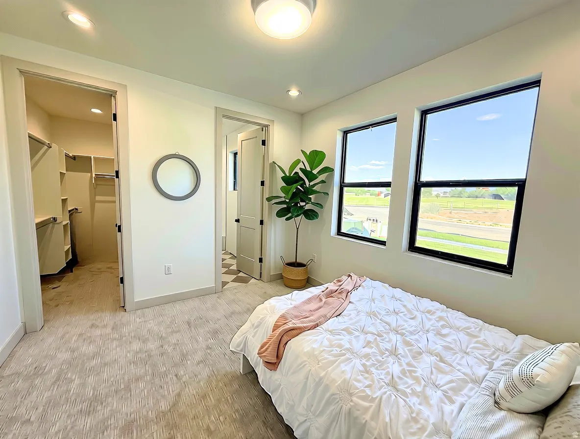 Bedroom featuring two large windows with black trim, textured carpet flooring, and a walk-in closet with built-in shelving