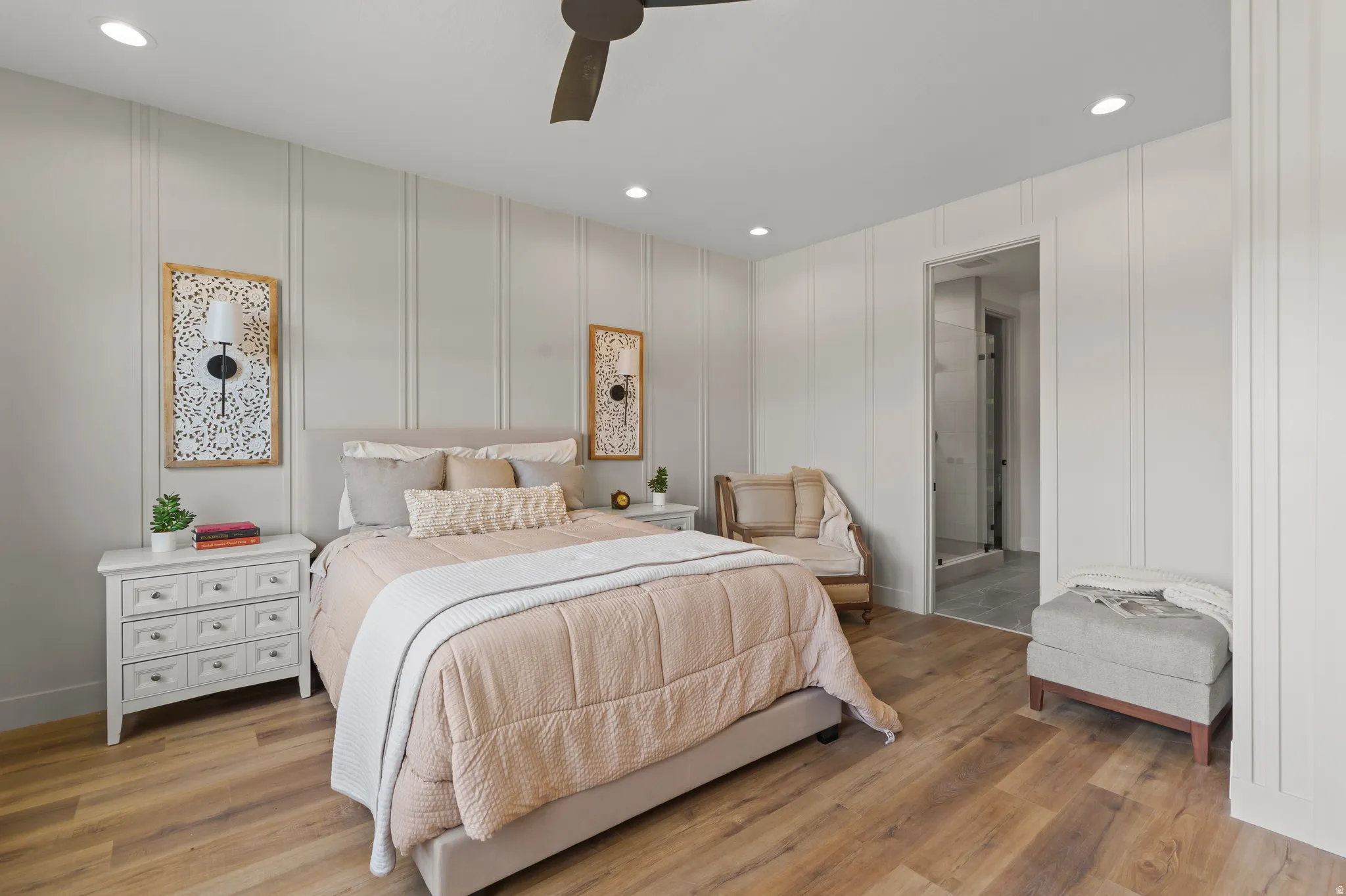Bedroom featuring wood-finish flooring, recessed lighting, and a ceiling fan