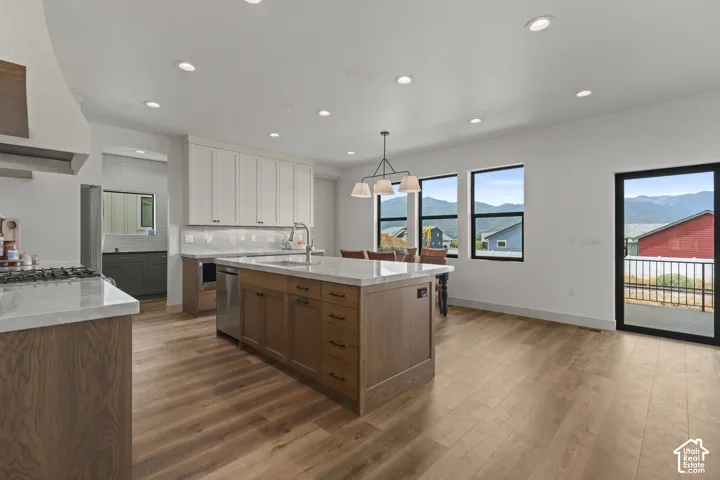 Gourmet kitchen with an expansive island, white shaker cabinetry, and wood-finish flooring