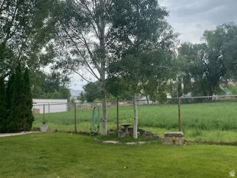 Expansive lawn area featuring mature trees and a chain-link fence bordering the property