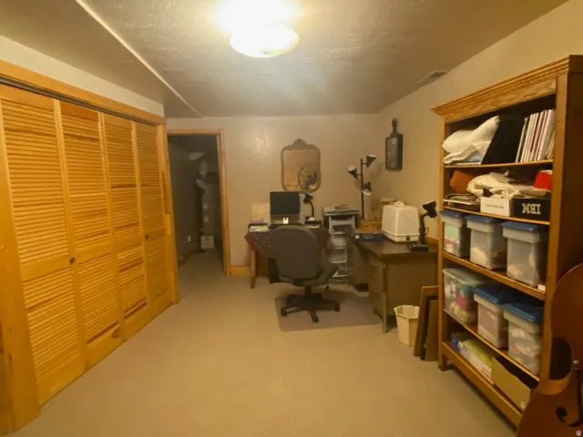 Wood-finish louvered closet doors define this interior space, featuring a neutral carpet and recessed lighting