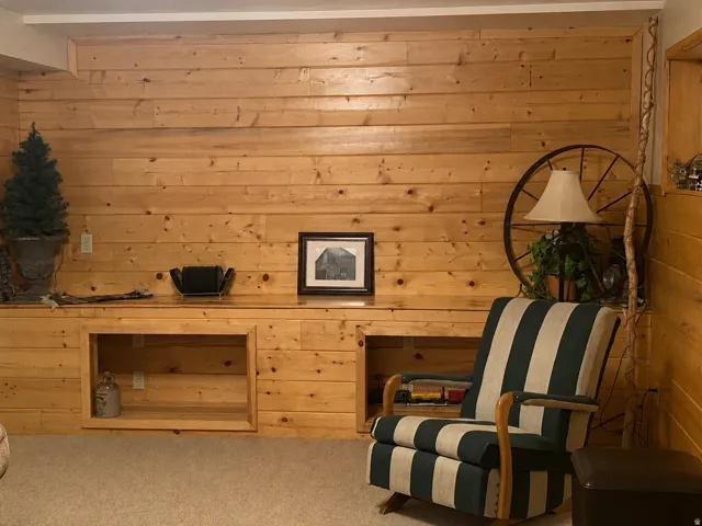 Room featuring extensive wood paneling and a built-in wood-finish cabinet with integrated open shelving