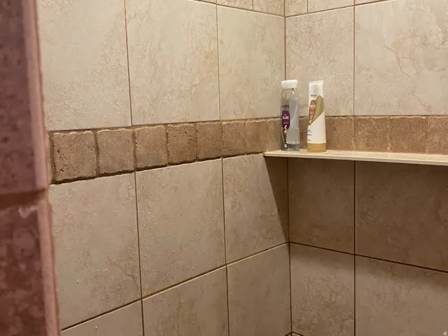 Tiled shower surround featuring a decorative accent band and an integrated corner shelf located in the primary bath.