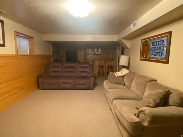 Carpeted living space with wood-paneled walls and a recessed window.