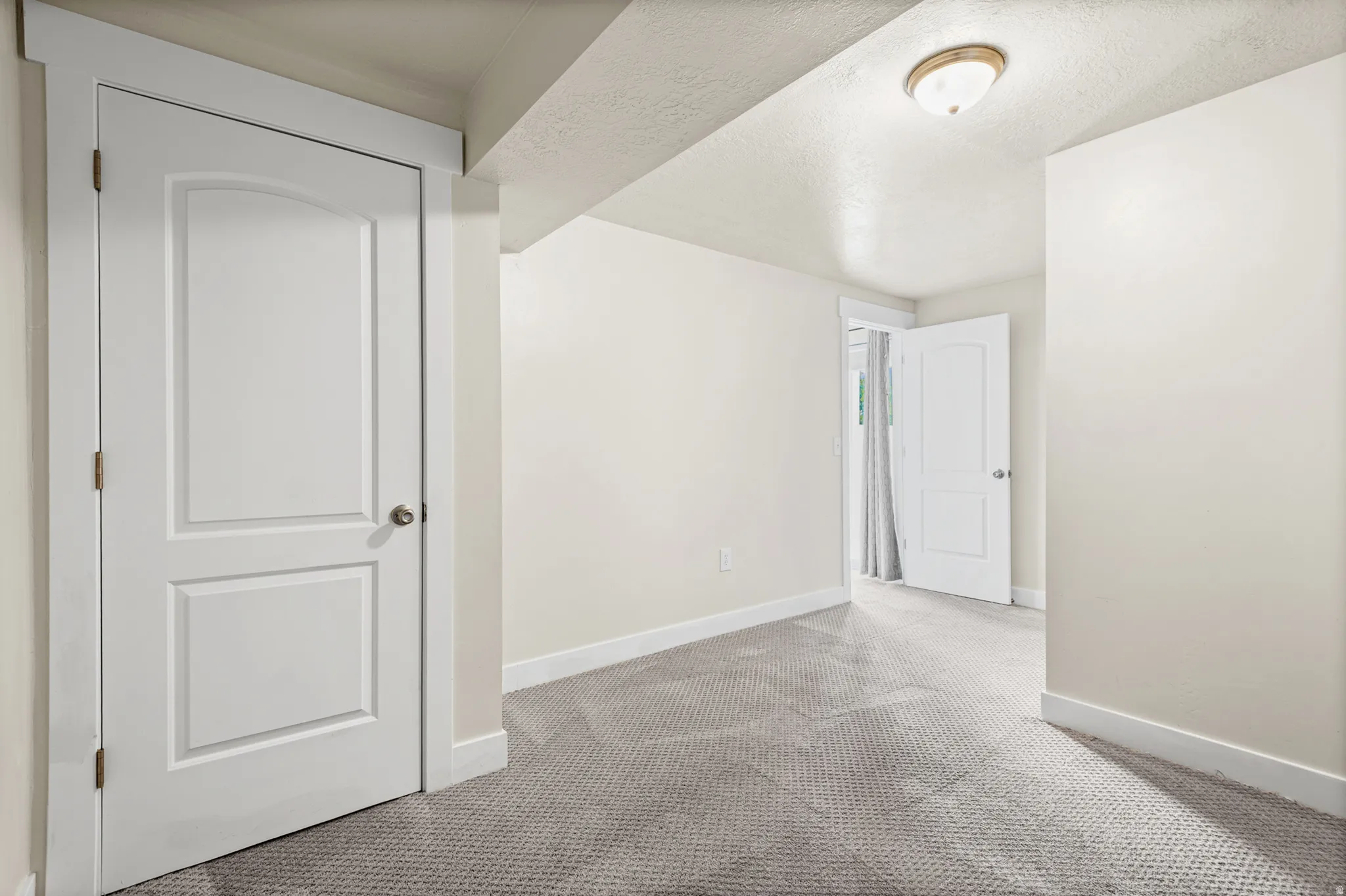 Neutral wall paint with white trim, gray carpet flooring, and a flush mount ceiling light