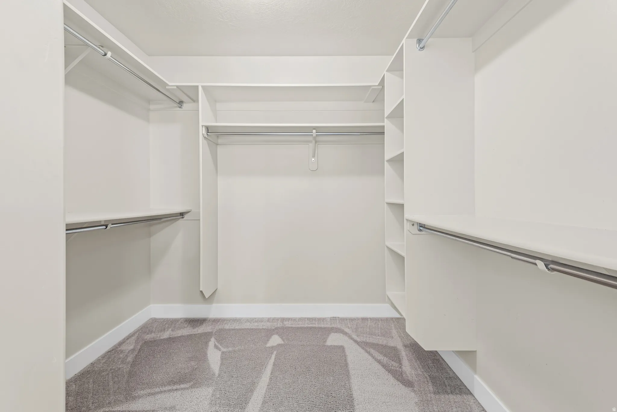 Walk-in closet featuring built-in shelving, multiple hanging rods, and carpet flooring