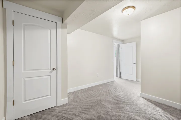 Neutral wall paint with white trim, gray carpet flooring, and a flush mount ceiling light