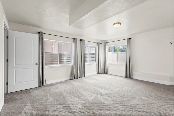 Spacious room featuring patterned gray carpet flooring, multiple windows with white trim, a semi-flush mount ceiling light fixture, a tray ceiling detail, and a paneled interior door