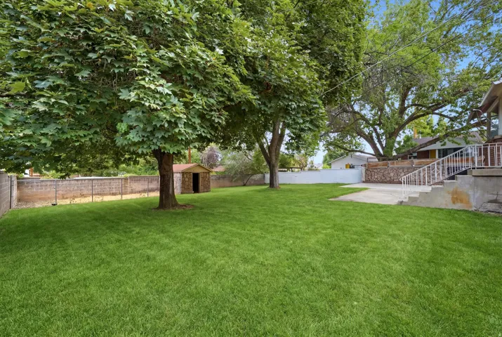 Expansive rear yard featuring mature trees, a concrete patio, and a storage shed