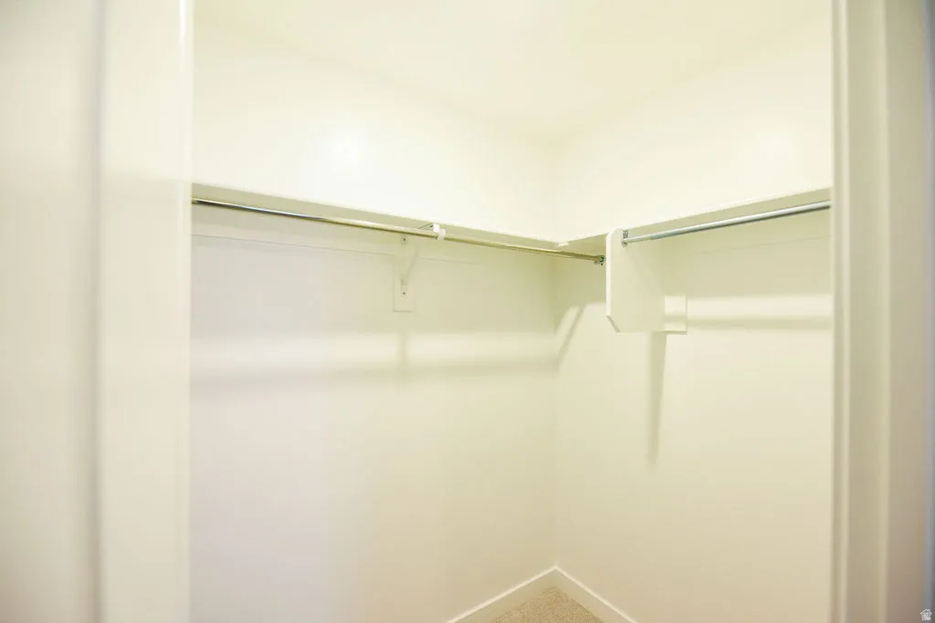 Walk-in closet featuring white painted walls, carpeting, and L-shaped hanging rods with shelving