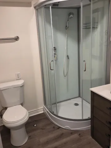Bathroom featuring a corner shower enclosure with clear glass doors, a white toilet, and wood-finish flooring
