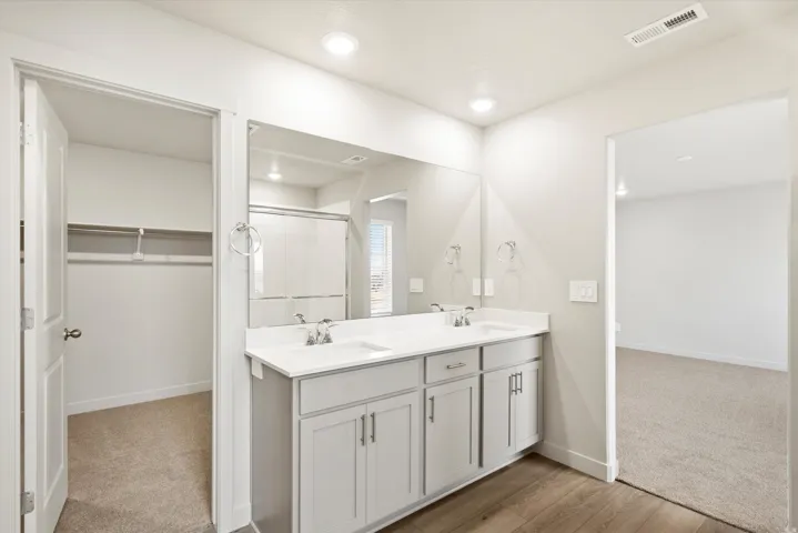 Dual vanity with light gray cabinetry and brushed nickel hardware, expansive countertop, and wood-finish flooring