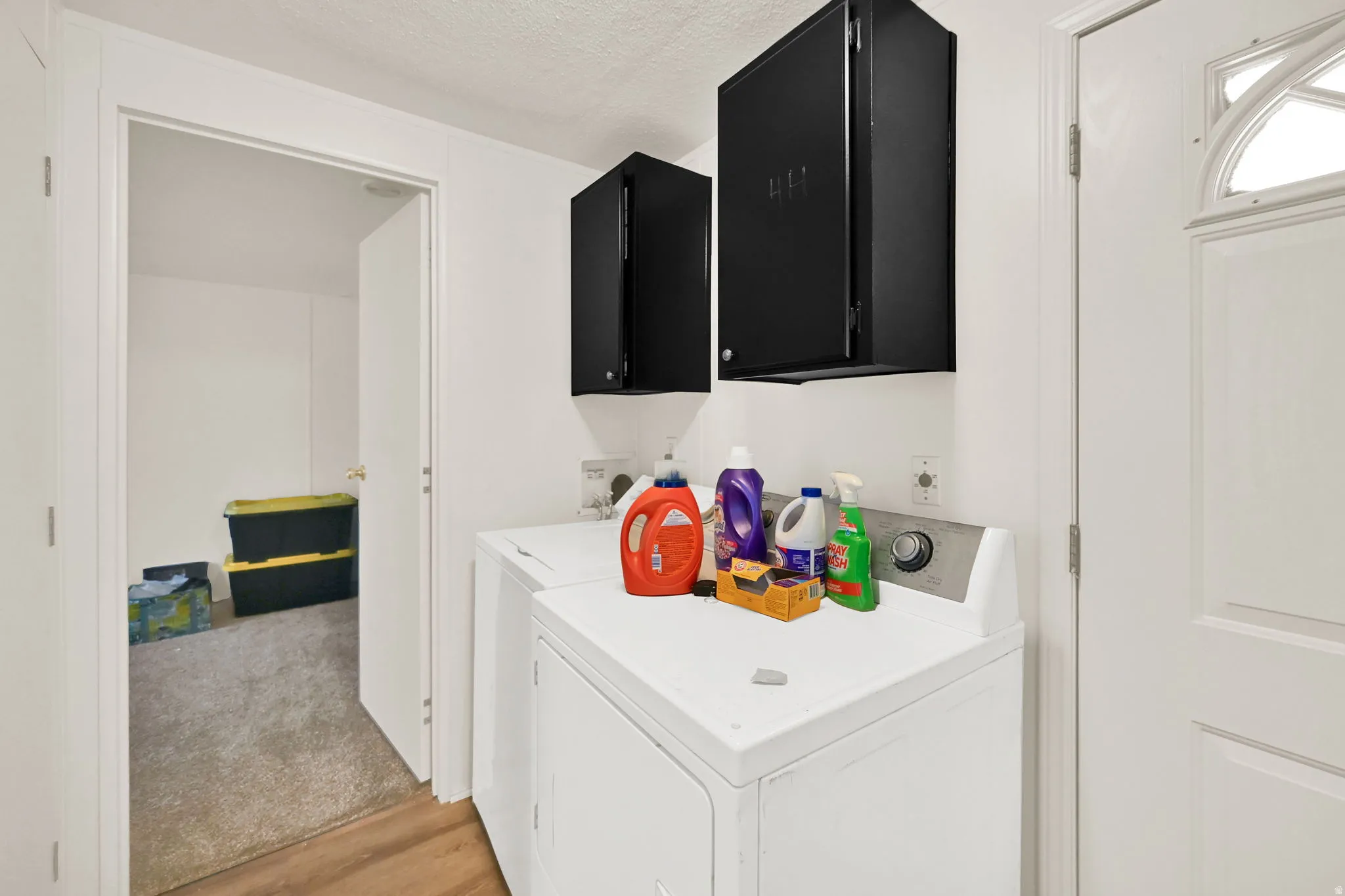Dedicated laundry area featuring white appliances, black wall-mounted cabinetry, and a white paneled door with an arched window